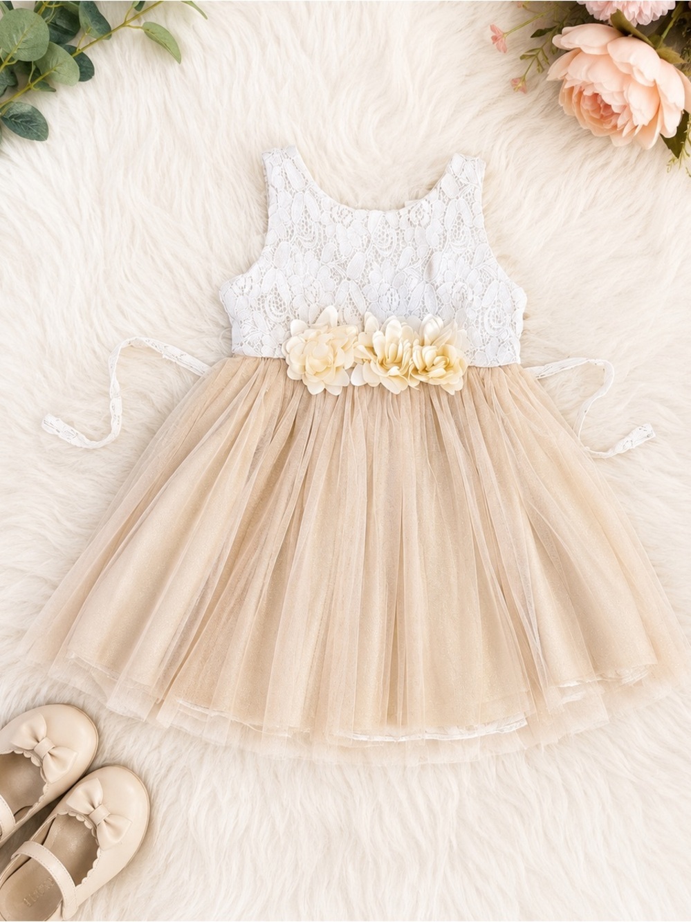 Sweet Heart Rose Toddler Girl Lace and Beige Formal Dress 3T Tulle Flower Waist